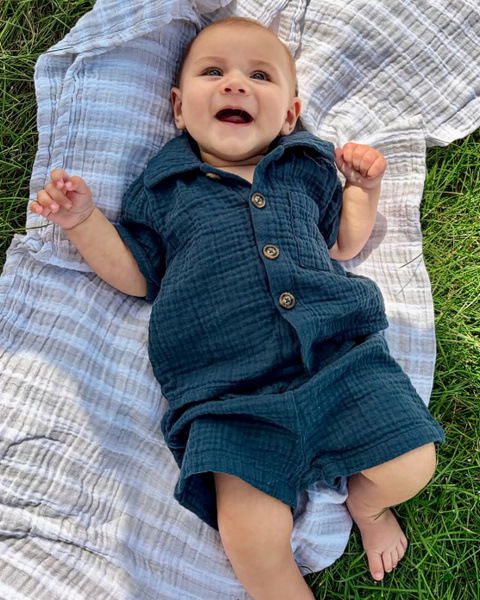 Muslin Collar Top & Shorts Set | Dark Blue - PREORDER