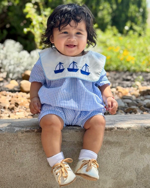 Embroidered Smocked Shorts Romper | Sailboats Gingham - PREORDER