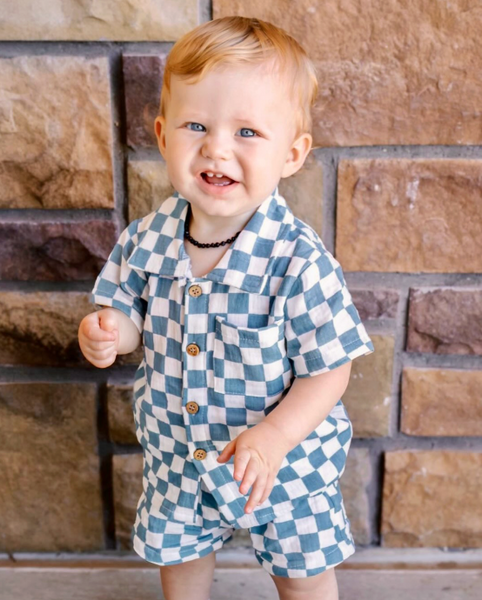 Muslin Collar Top & Shorts Set | Blue Checkerboard - PREORDER