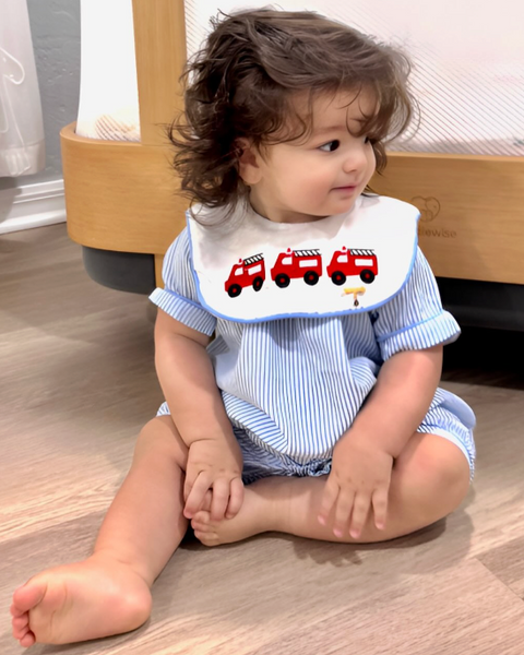 Embroidered Smocked Shorts Romper | Firetrucks Stripe - PREORDER
