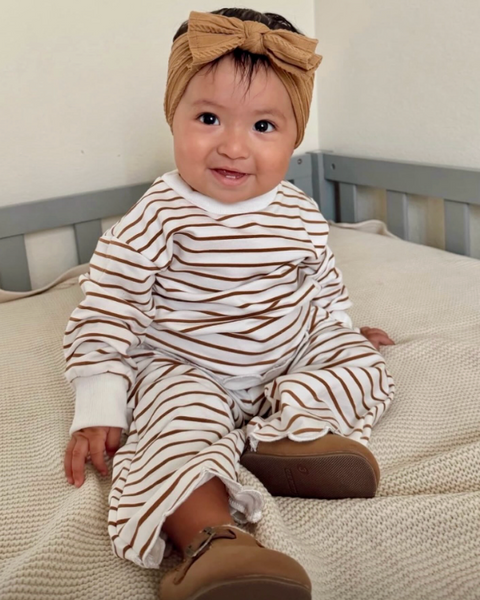 Scalloped Top & Pants Set | Brown Stripe - PREORDER