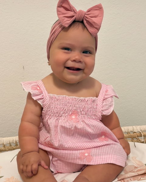 Embroidered Tank & Shorts Set | Pink Flower Gingham - PREORDER