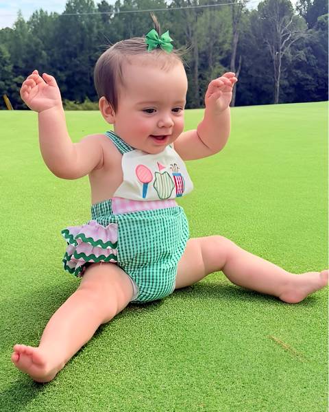 Embroidered Smocked Ruffle Romper | Golf Gingham - PREORDER