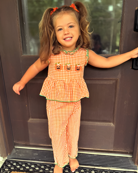 Embroidered Tank & Pants Set | Orange Pumpkins Gingham - PREORDER