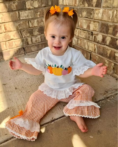 Embroidered Ruffle Lace Top & Pants Set | Pumpkins Gingham - PREORDER