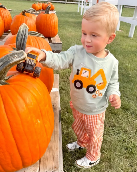 Embroidered Pullover & Pants Set | Excavator Pumpkins Gingham - PREORDER