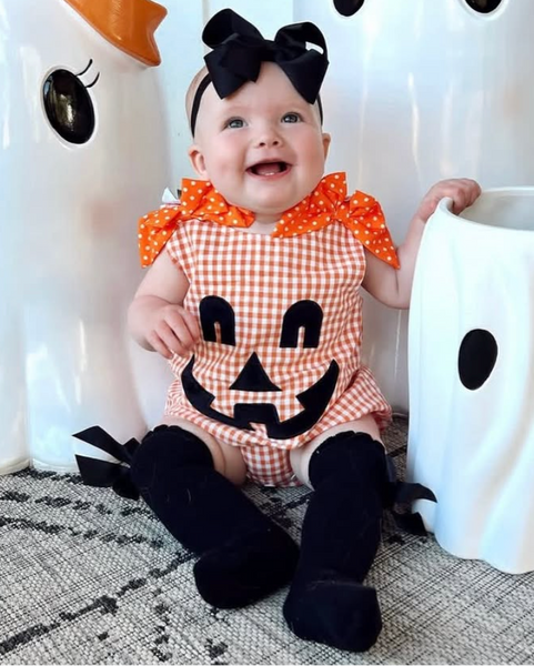 Embroidered Smocked Tank Romper | Pumpkin Face Bows Gingham - PREORDER