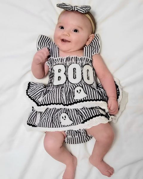 Embroidered Smocked Romper | BOO Stripes - PREORDER