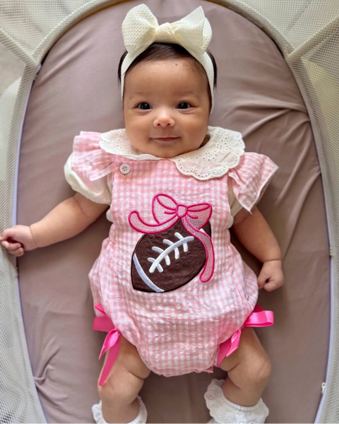 Embroidered Smocked Romper | Football Bow Gingham - PREORDER