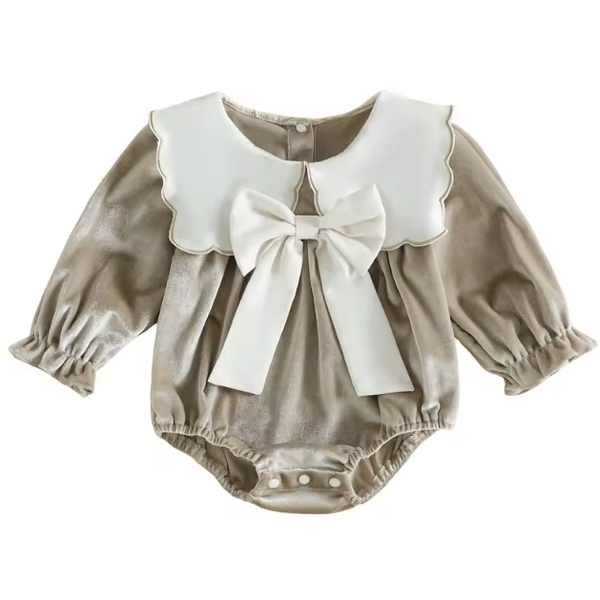 Velvet Scalloped Bow Long Romper | Tan - PREORDER