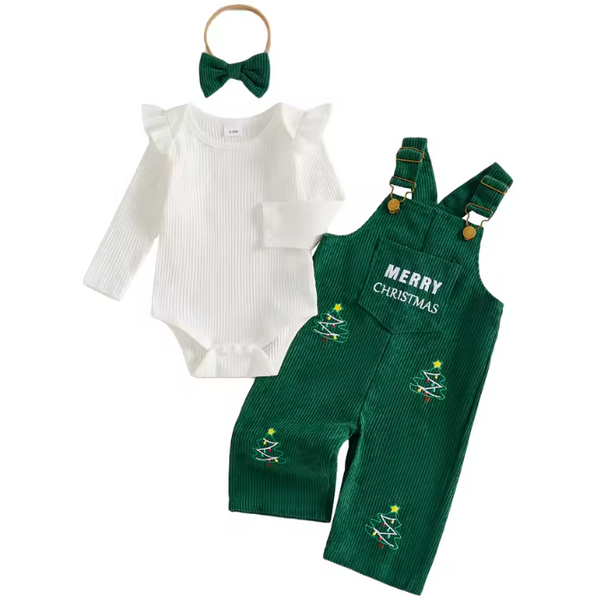 Corduroy Overalls Set | Merry Christmas Trees - PREORDER