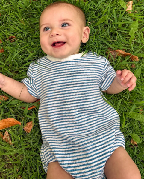 Waffle Bubble Romper | Blue Stripe - PREORDER