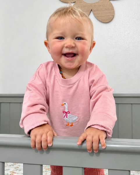 Embroidered Long Bubble Romper | Pink Miss Goose - PREORDER