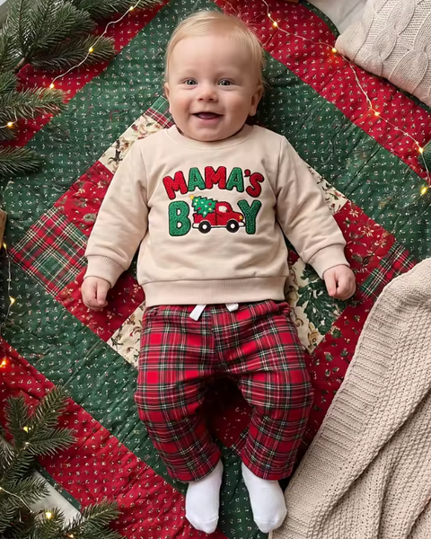 Embroidered Pullover & Pants Set | Mamas Boy Christmas Plaid - PREORDER