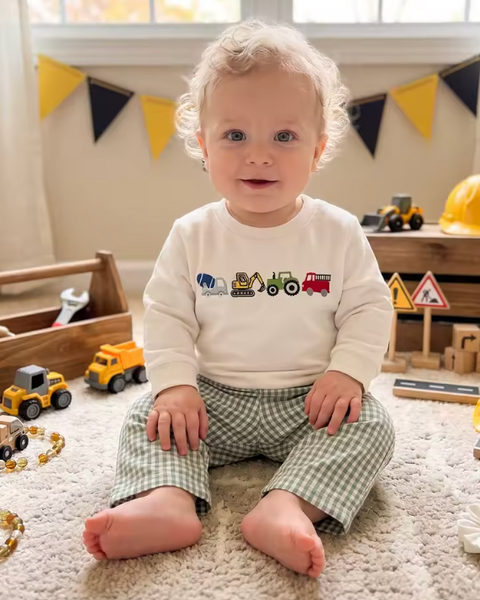 Embroidered Pullover & Pants Set | Work Trucks Gingham - PREORDER