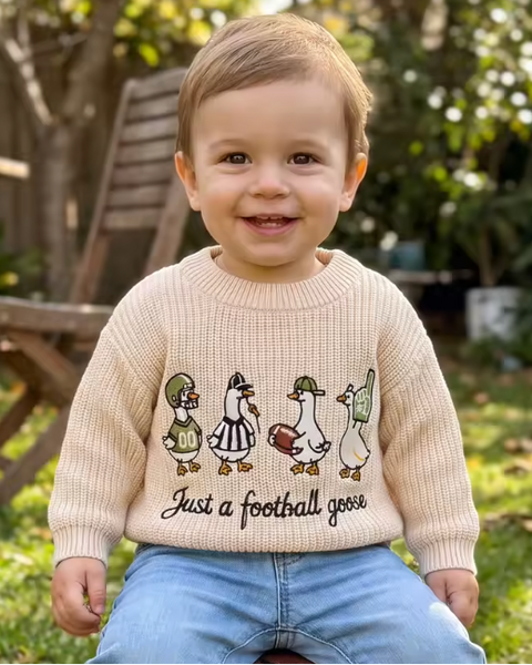 Embroidered Chunky Knit Sweater | Beige Just a Football Goose - PREORDER