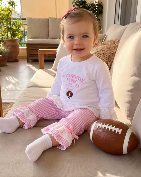 Embroidered Ruffle Lace Top & Pants Set | Pink Apparently I like Football Gingham - PREORDER