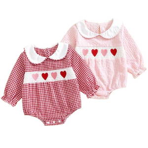 Smocked Checkered Hearts Embroidered Rompers (2 Colors) - PREORDER