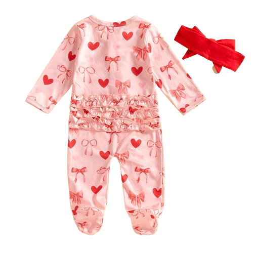 Big Red Bows & Hearts Ruffle Zipper Footie Romper & Bow - PREORDER