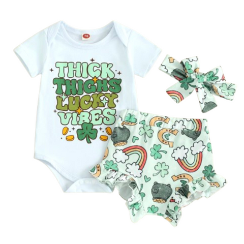 Thick Thighs Lucky Vibes St. Patricks Skorts Outfit & Bow - PREORDER