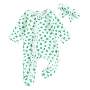 Clovers Ruffle Zipper Footie Romper & Bow - PREORDER