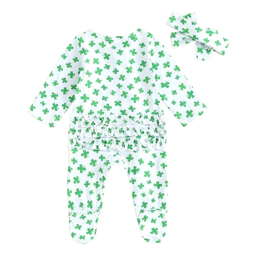 Clovers Ruffle Zipper Footie Romper & Bow - PREORDER