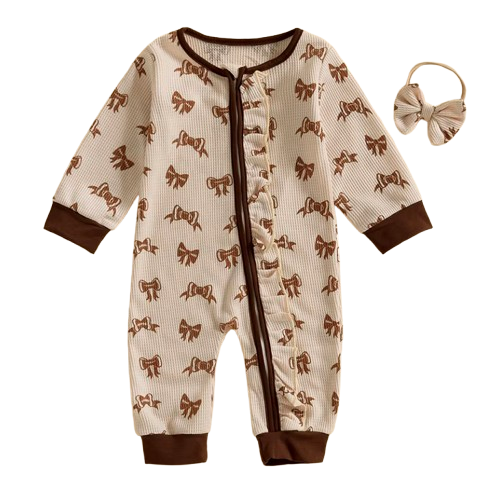 Pretty Football Bows Zipper Waffle Romper & Bow - PREORDER