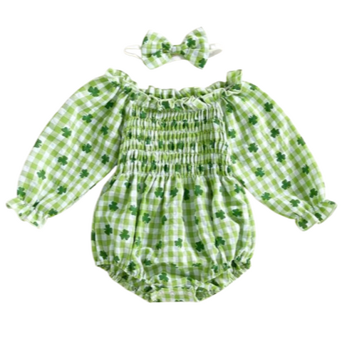 Checkered Clovers Romper & Bow - PREORDER