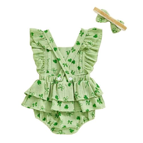 Clovers & Bow Ruffle Romper & Bow - PREORDER