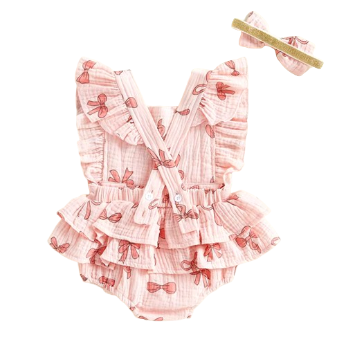 Pretty Pink Bows Ruffle Romper & Bow - PREORDER