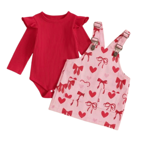 Big Red Bows & Hearts Corduroy Overalls Outfit Dress - PREORDER