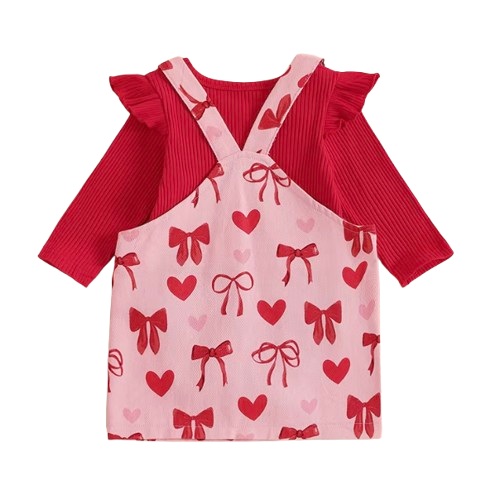 Big Red Bows & Hearts Corduroy Overalls Outfit Dress - PREORDER