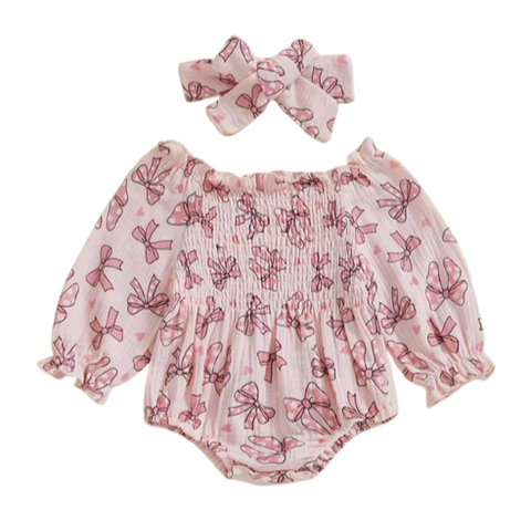 Pink Valentine Bows Cotton Romper & Bow - PREORDER