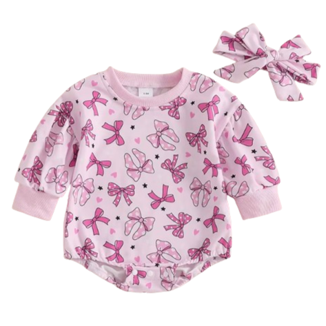 Pink Valentine Bows Romper & Bow - PREORDER