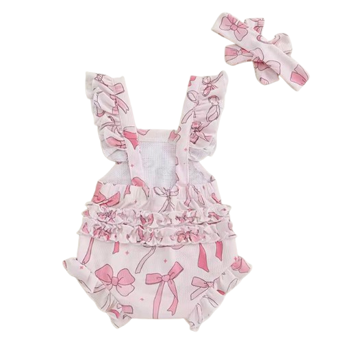 Hot Pink Bows & Stars Waffle Ruffle Romper & Bow - PREORDER