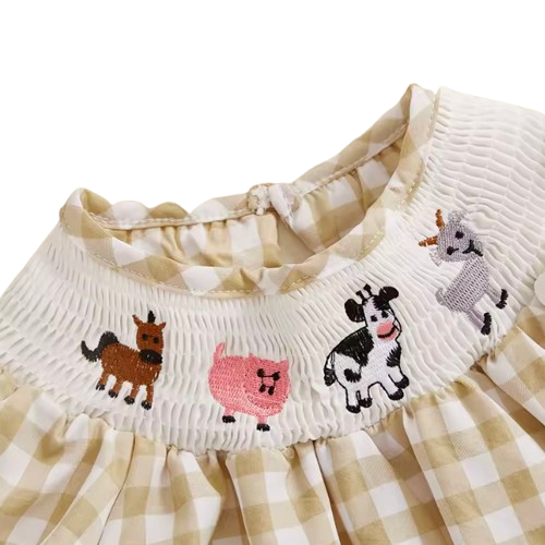 Smocked Checkered Farm Animals Embroidered Dress - PREORDER