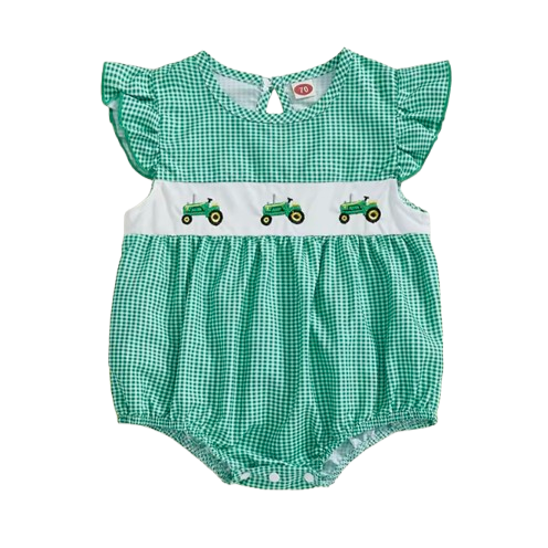 Smocked Checkered Green Tractors Embroidered Romper - PREORDER