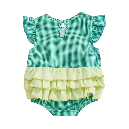 Smocked Checkered Green Tractors Embroidered Romper - PREORDER