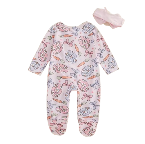 Daisy Easter Eggs, Carrots & Bows Zipper Footie Romper & Bow - PREORDER