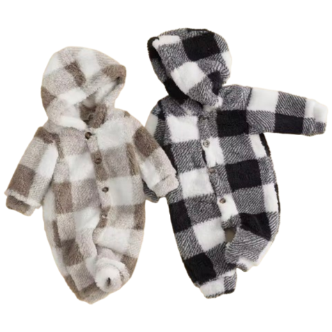 Plaid Sherpa Hooded Pants Romper - PREORDER