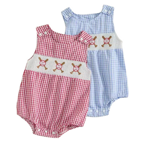 Checkered Baseballs & Bats Embroidered Rompers (2 Colors) - PREORDER