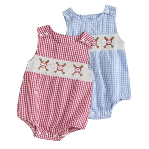 Checkered Baseballs & Bats Embroidered Rompers (2 Colors) - PREORDER