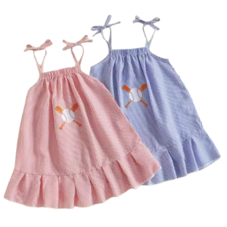 Striped Baseballs & Bats Embroidered Dresses (2 Colors) - PREORDER