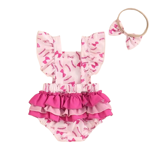 Pink Baseballs & Bows Ruffle Romper & Bow - PREORDER