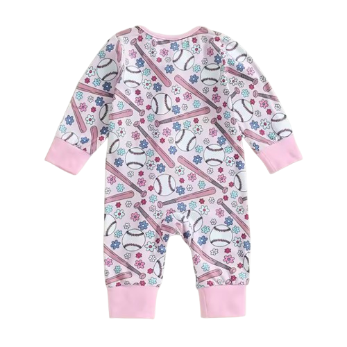 Daisies Baseballs & Bats Zipper Romper - PREORDER