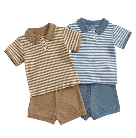 Striped Collar Waffle Shorts Outfits (2 Colors) - PREORDER