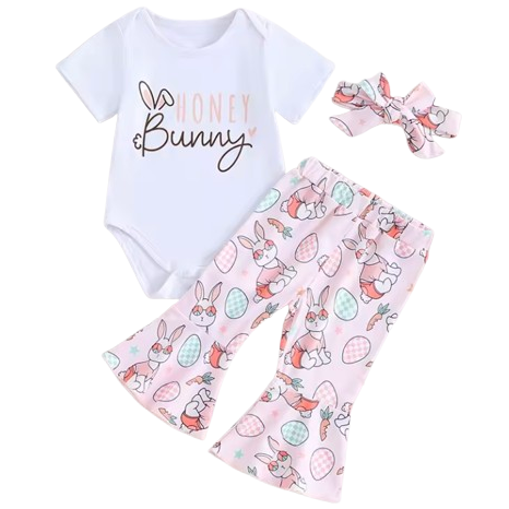 Honey Bunny Groovy Bunnies & Checkered Eggs Bells Outfit & Bow - PREORDER