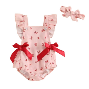 Red Bows Ruffle Romper & Bow - PREORDER