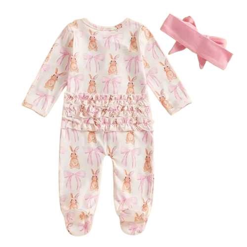 Bunnies & Bows Ruffle Zipper Footie Romper & Bow - PREORDER