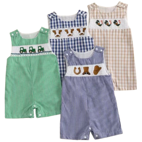 On the Farm Plaid Embroidered Shorts Rompers (4 Styles) - PREORDER